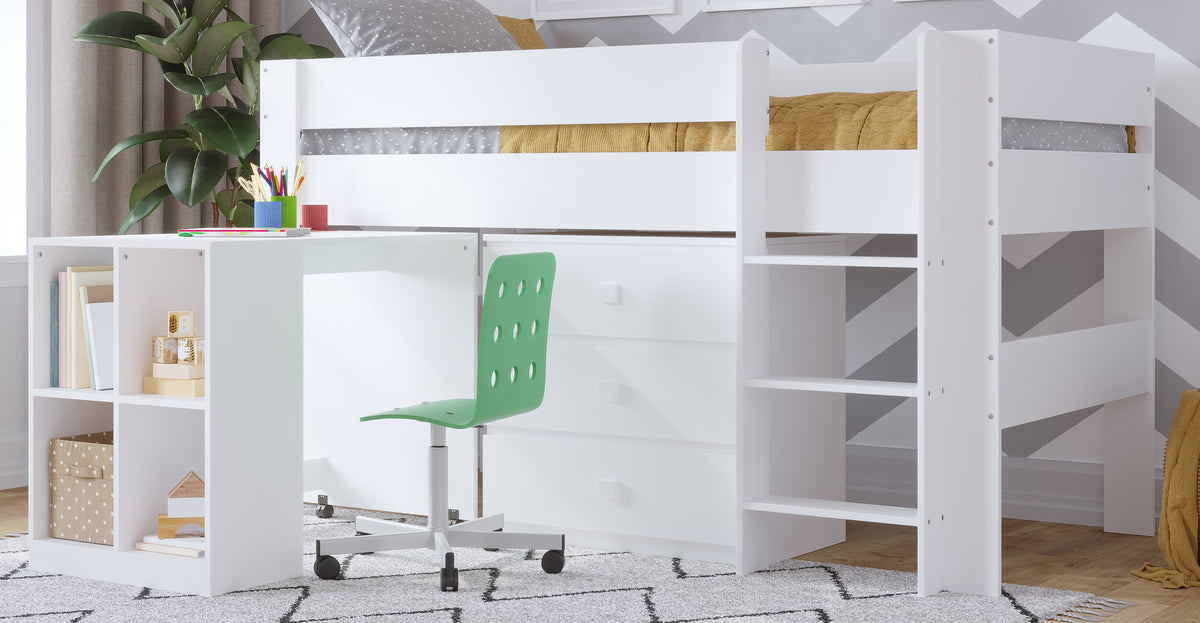 White Kids Mid Sleeper Bed with Desk and Drawers - Kidsaw