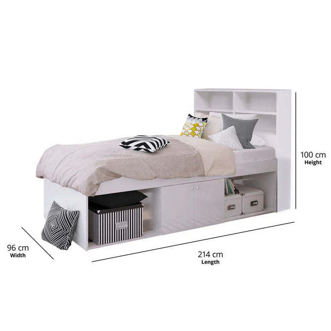 Cool Kid Single Bed (Low) with Headboard and Storage - Pure White