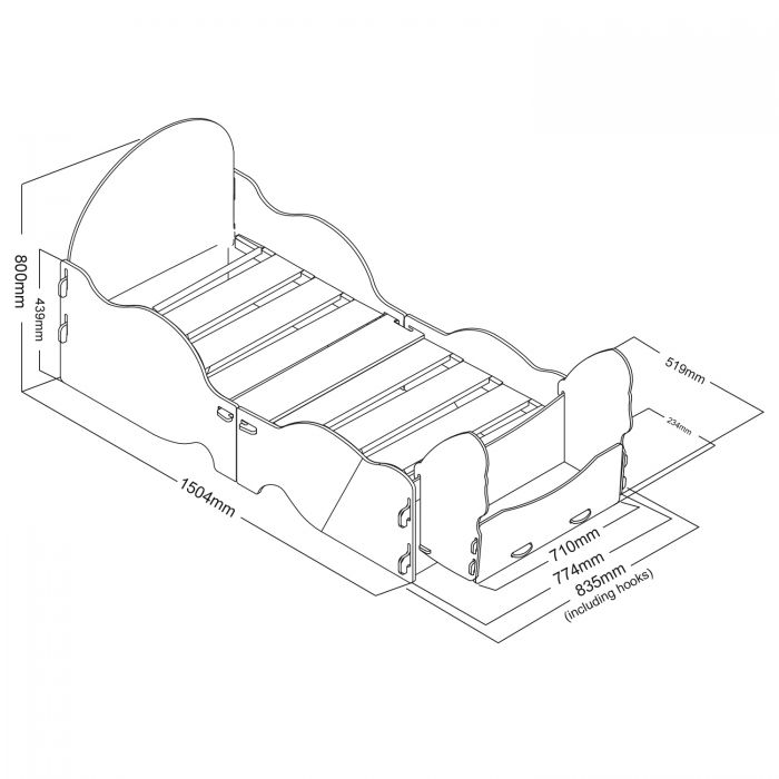 Princess Carriage Junior Bed with Toybox - Kidsaw dimensions